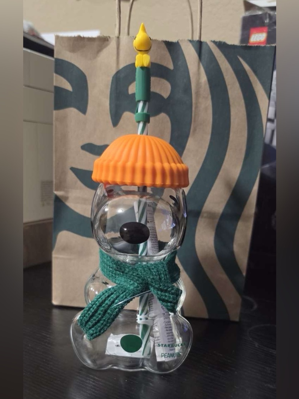 Starbucks Snoopy cup with Orange Hat and Green Scarf